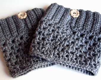 SALE!! Crocheted Women's Boot Cuffs, Boot Toppers, Winter Cuffs, Boot Socks-Gray w/Ribbed Top, Buttons
