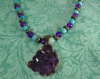 Amethyst and Pyrite Necklace, Amethyst Pendant Necklace, Amethyst, Pyrite and Jasper Necklace