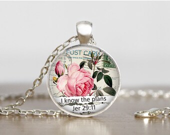 Handmade Pendant Necklace Rose Necklace For I know the plans Jeremiah 29:11 Inspirational Glass Jewelry Motivational Gift Spiritual Jewelry