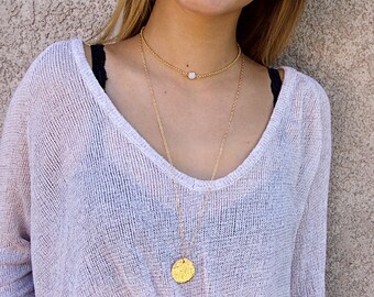 Long Gold Necklace, Hammered Gold Disc Necklace, Round Pendant Necklace Long Layering, Gold Filled or Sterling Silver