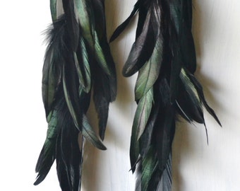 Extra Long Black Feather Earrings, Iridescent Feathers, Real Feather Earrings