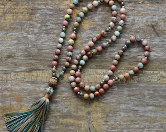 Mala Beads Natural Stone Tassel Necklace, Colorful Semi Precious Stone Beaded Necklace Handmade