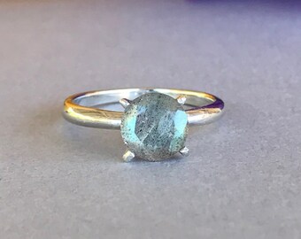 Natural Labradorite Ring, 925 Sterling Silver Round Faceted Labradorite Genuine Stone Engagement And Promise Solitaire Ring