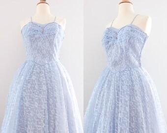 Vintage 1950s Blue Lace & Tulle Prom Dress // 50s Wedding Dress Rhinestone