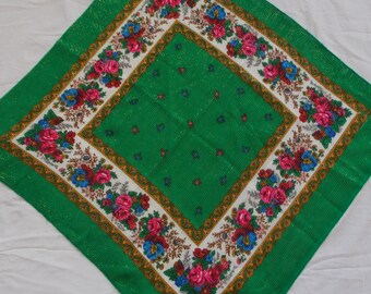 Soviet Vintage Russian Deep Green Shawl With Floral Design Women Head Wool Floral Grass Head Kerchief Folk Art Scarf Soviet all-season scarf