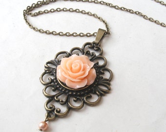 Peach Rose Necklace with Faux Pearl Drop, Flower Necklace, Victorian Necklace, Peach Necklace