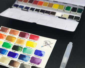 Complete Watercolor Handmade Paint kit 24 HALF pans non toxic watercolor paint set