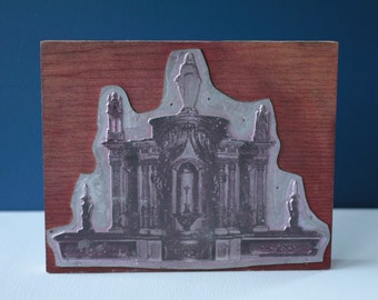 French antique Printing block, altar Catholic church. Photo printer's block, stamp, press