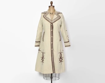 Vintage 70s Boho Wool Coat / 1970s 2-Tone Ethnic Applique Winter Coat S