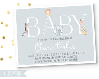 Safari Baby Shower Invitation, Jungle Baby Shower Invitation,Baby Boy Shower,Safari Animals,Gender Neutral,Elephant, Lion, zebra, Watercolor