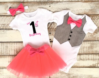 Twins First Birthday Outfits, Boy and Girl Twins, Our First Birthday, Matching Outfits, Grey Vest with Pink Bow Tie, Pink TuTu Skirt