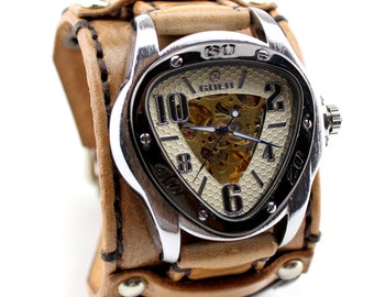 Steampunk Leather Watch Cuff, Men's watch, Leather Wrist Watch, Leather Cuff, Bracelet Watch, Skeleton Leather Cuff, Mechanical