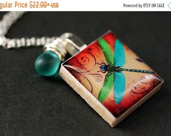 MOTHERS DAY SALE Turquoise Dragonfly Necklace. Scrabble Tile Charm Necklace with Frosted Turquoise Teardrop. Handmade Jewelry.