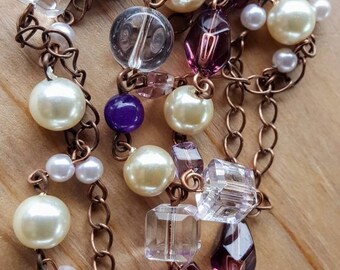 Purple Beaded Necklace, Copper chain necklace, Long necklace, Purple and White Necklace, Pull Over Necklace