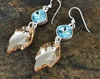 Turquoise and Golden Crystal Earrings made with Swarovski Crystal and Sterling Silver