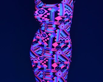NEON Aztec Print UV Glow Hot Pink & Black Spandex Bodycon Clubwear Scoop Tank Mini Dress -E7465