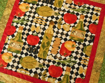 Italian Kitchen Decor, Quilted Square Table Topper, Red Green Black and Gold, Gift Basket Ideas, Quilted Tablecloth, Quilted Table Runner
