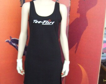 Black size medium tank dress with side slits and latex print on front