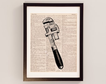Vintage Pipe Wrench Dictionary Art Print - Plumbing Art - Gift For Plumber - Print on Vintage Dictionary Paper - Wrench Art, Tools