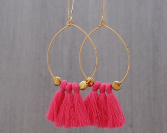Tassel Hoop Earrings - Pink Tassel Earrings - Tassle Earrings - Fringe Earrings, White Tassel Earrings - Gold Hoop Earrings, Tassel Jewelry