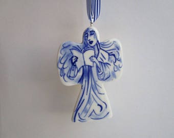 Blue Choir Angel - Ornament - Hand painted blue and white Delftware porcelain
