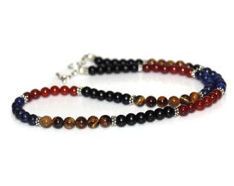 Men's Necklace, Mixed Gemstone and Sterling Silver Beads Necklace, Gift for Man, Bead Necklace Man, Men's Garnet Necklace, Necklace for Men