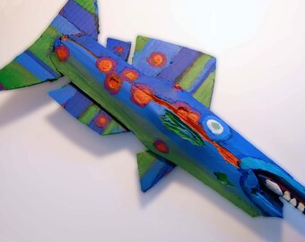 fish art created from recycled materials, painted with bright, thick color - each ready to hang wood fish is totally original, no two alike