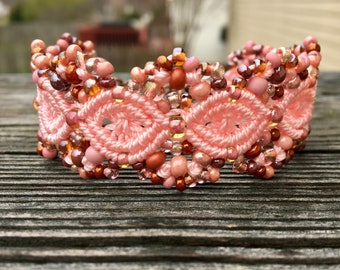 Micro-Macrame Beaded Cuff Bracelet - Light Pink Mix