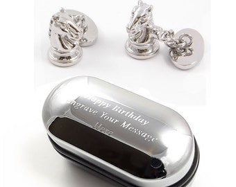 Knight Chess Pieces Chain Cufflinks & Engraved Gift Box (X2AJ352) - Novelty Cufflinks, Quirky, Cufflinks, Personalised Cufflinks Box