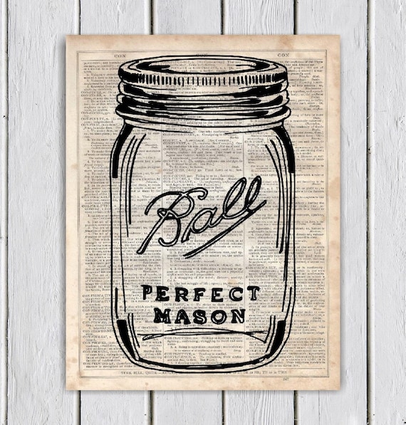Mason Jar Kitchen Decor Dictionary Art Print Upcycled Book