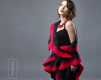 Red Felted Scarf Wavy ruffled Shawl Handmade wool and silk