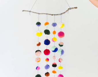 Colorful Large Branch Pom Pom Mobile / Wall Hanging in Multicolor