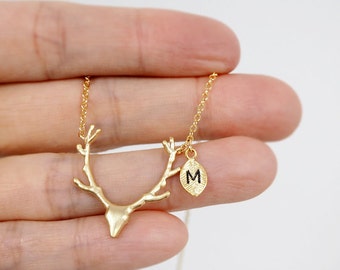 Deer Antler Necklace,Personalized necklace, initial necklace,Gold Antler Necklace,Reindeer,Personalized Jewelry,leaf initial,animal necklace