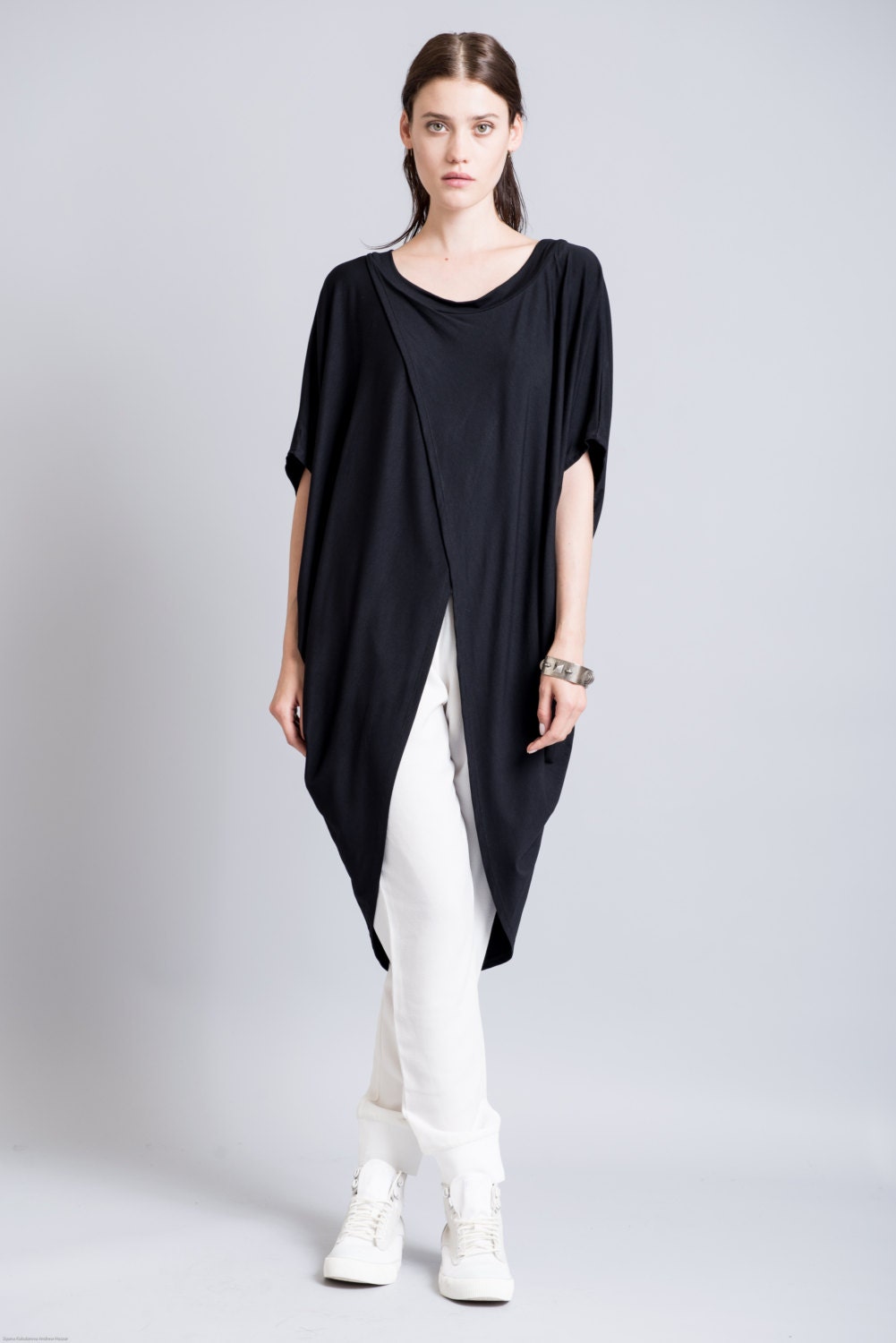 Short Sleeve Tunic Top/ Black Asymmetric Blouse/ Extravagant