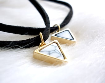 Black Choker with Triangle Marble Pendant - Black Choker - Suede Choker - Suede Choker Necklace