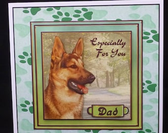 3d Alsatian Card, German Shepherd Dog Card, 3d Decoupage Card, Handmade in UK, Father's Day Card, Dog Birthday Card