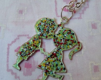 Enameled Kissing Couple Pendant Necklace