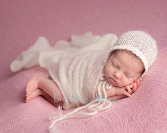 Neutral Newborn Props - Newborn Mohair Wrap and Bonnet Set - Choose Your Color - Newborn Photo Props - Newborn Wrap Set - Newborn Bonnet