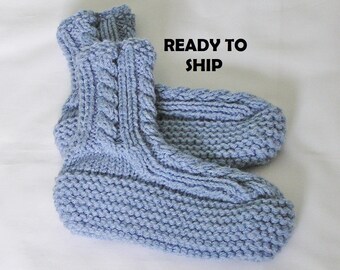 Knit Slippers Women, Blue Denim, Hand Knitted Ladies Size 7 - 8