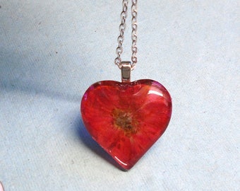 Real Red Rose Pressed Flower Heart Glass Necklace