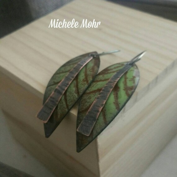 Pea Green and Brown Enamel Copper Leaf Earrings with Oxidized Sterling Silver Ear Wires