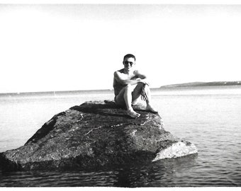 Vintage Snapshot "Like A Rock" Cute Barefoot Guy Perched On A Rock Shirtless Man Black & White Found Photo Vernacular Photography