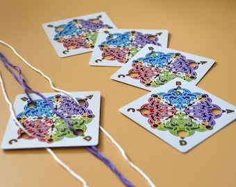Colorful Mandala Weaving Cards Set of 24 Cards Original Design for Card Tablet Weaving 4 Holes Square Double Sided Cardstock UV Coated