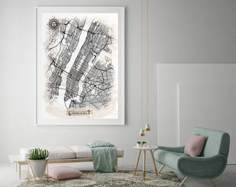 MANHATTAN New York City Watercolor Map Art Black Ink and Light Watercolor Vintage City Map Large Size Graphic Drawn Wall Art Canvas Map