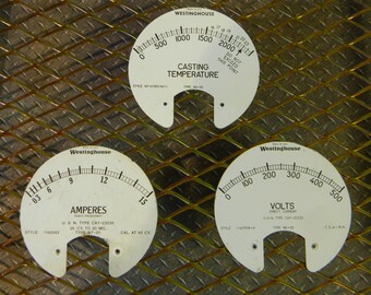 Cool Steampunk Parts - Lot of 3 Vintage Metal Westinghouse Gauge Labels: Casting Temperature, Amperes, Volts