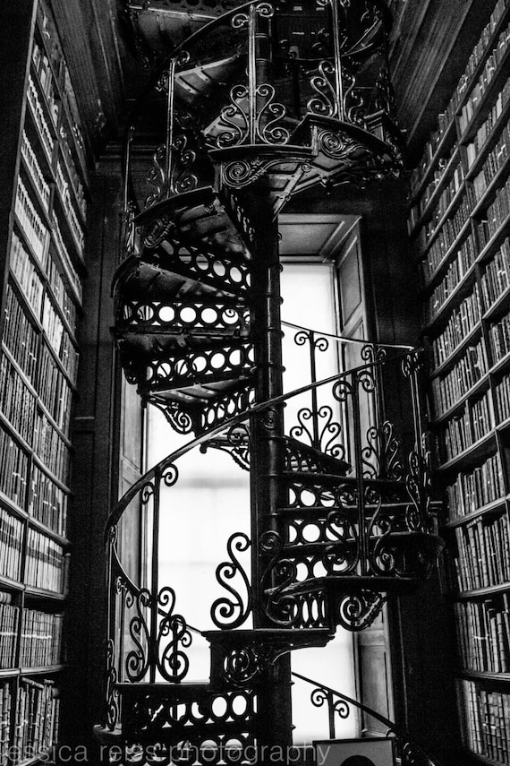 Black and white spiral staircase silhouette art print photography dublin trinity college long room industrial art home decor library books Black and white spiral staircase silhouette art print photography dublin trinity college long room industrial art home decor library books