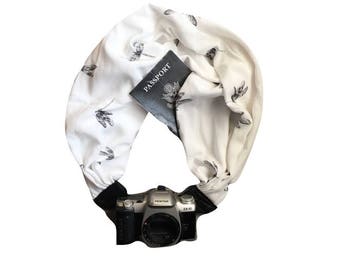 Camera Strap with Lens Pocket - The Original Camera Scarf Strap With Hidden Pocket - Black and White Dragonflies