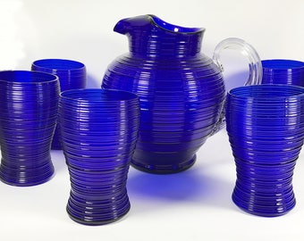 Imperial Spun Cobalt (Ritz) Blue Pitcher and Tumbler 6 Piece Set - Reeded