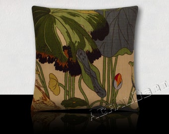 Square cushion lilies and lotus blue indigo/green Emerald/Navy/green moss, paprika, red, orange on light sandy background.