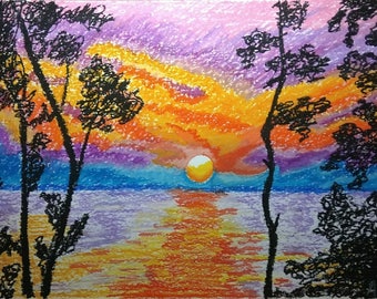 Sunset. Oil pastel painting (not a print) on paper 250 gsm, size 40 x 30 cm.